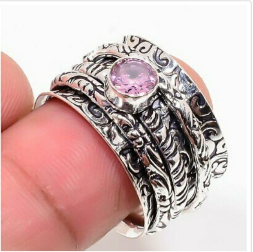 New Pink Topaz 925 Silver Spinner Meditation Ring.